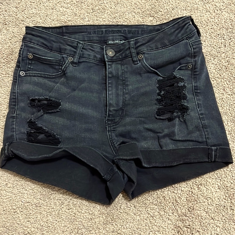 Next Level Stretch American Eagle Black Denim Shorts Size 6